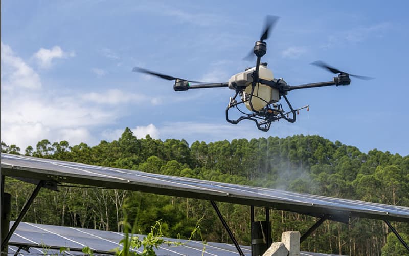 Professional window cleaning drone servicing high-rise building with specialized equipment Professional window cleaning drone servicing high-rise building with specialized equipment