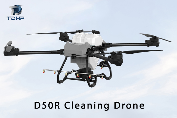 Drone window cleaning service in action – modern cleaning drone washing high-rise building glass Drone window cleaning service in action – modern cleaning drone washing high-rise building glass