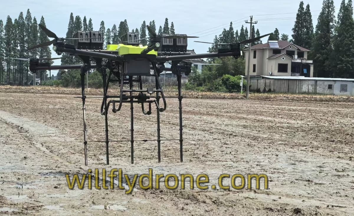 Drill seeding drone in action planting rice seeds in precise, orderly rows for smart farming Drill seeding drone in action planting rice seeds in precise, orderly rows for smart farming