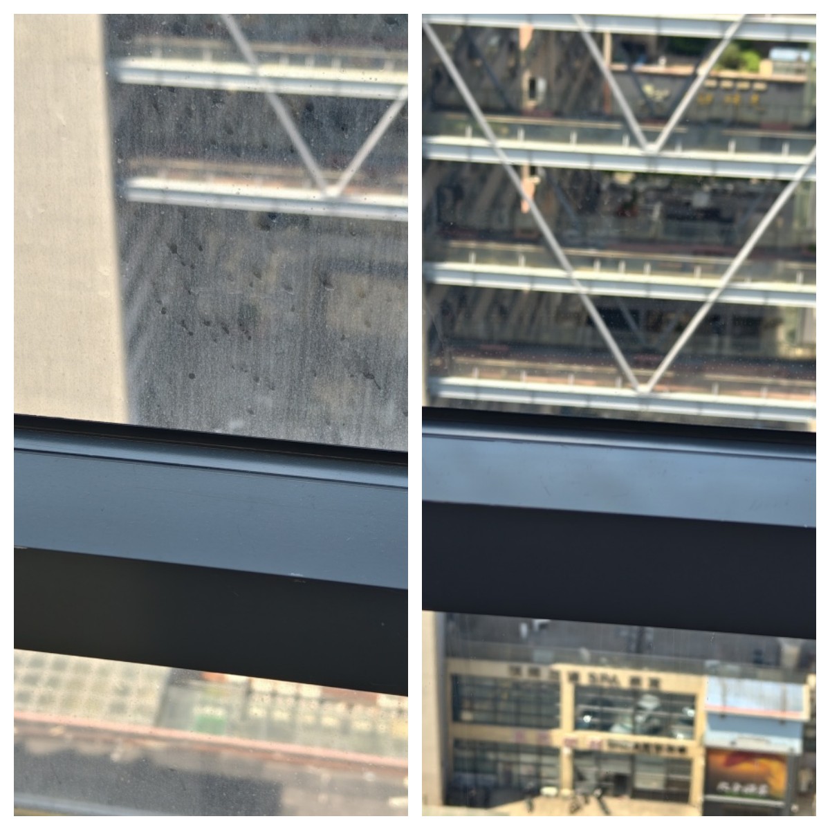 Highrise drone window cleaning before and after comparison on hotel glass façade using window cleaning drones Highrise drone window cleaning before and after comparison on hotel glass façade using window cleaning drones