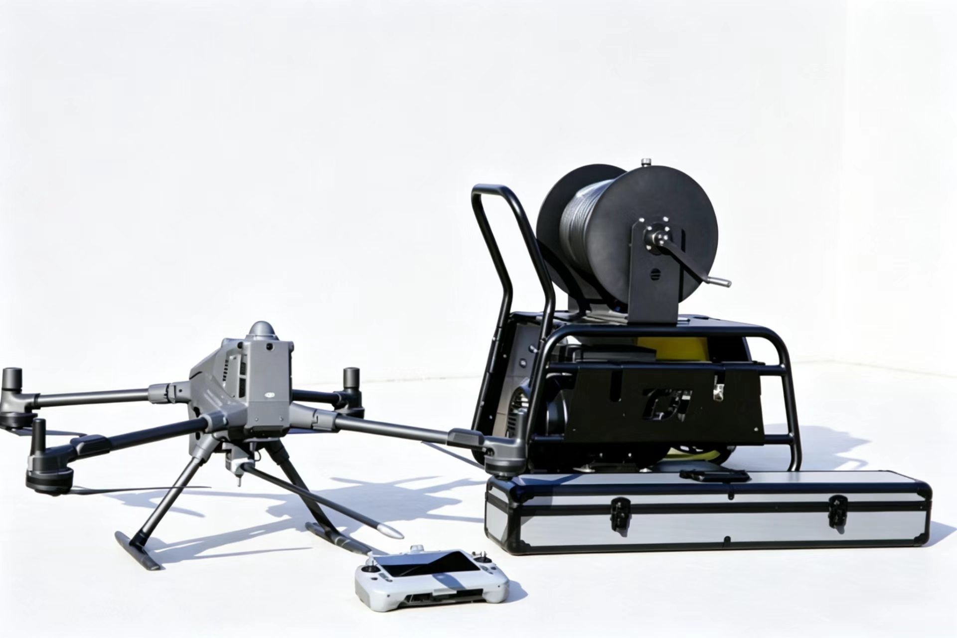 DJI Matrice M400 industrial drone fitted with modular cleaning kit cleaning glass facade of high-rise building DJI Matrice M400 industrial drone fitted with modular cleaning kit cleaning glass facade of high-rise building