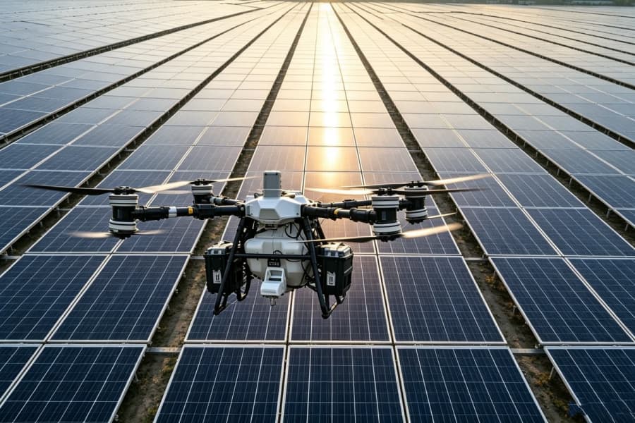 Unmanned DJI FC100 heavy lift drone with high pressure solar cleaning module cleaning vast solar panels array for utility-scale solar power plant maintenance Unmanned DJI FC100 heavy lift drone with high pressure solar cleaning module cleaning vast solar panels array for utility-scale solar power plant maintenance