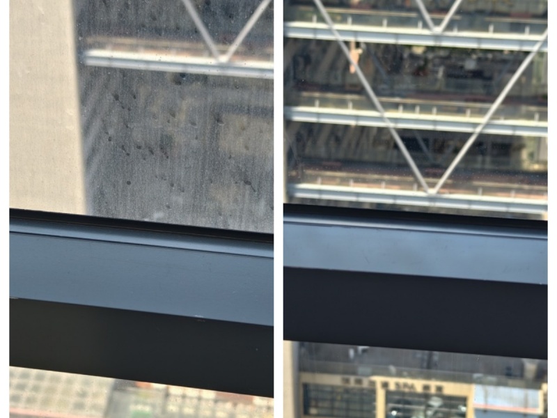 Highrise drone window cleaning before and after comparison on hotel glass façade using window cleaning drones Highrise drone window cleaning before and after comparison on hotel glass façade using window cleaning drones