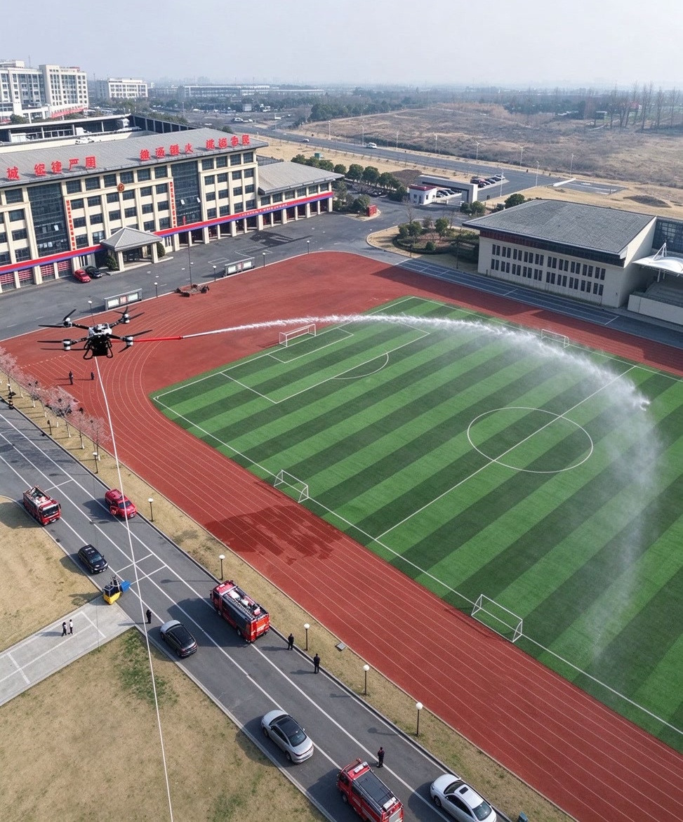 Drone high-pressure fire water gun attacking a high-rise building fire Drone high-pressure fire water gun attacking a high-rise building fire