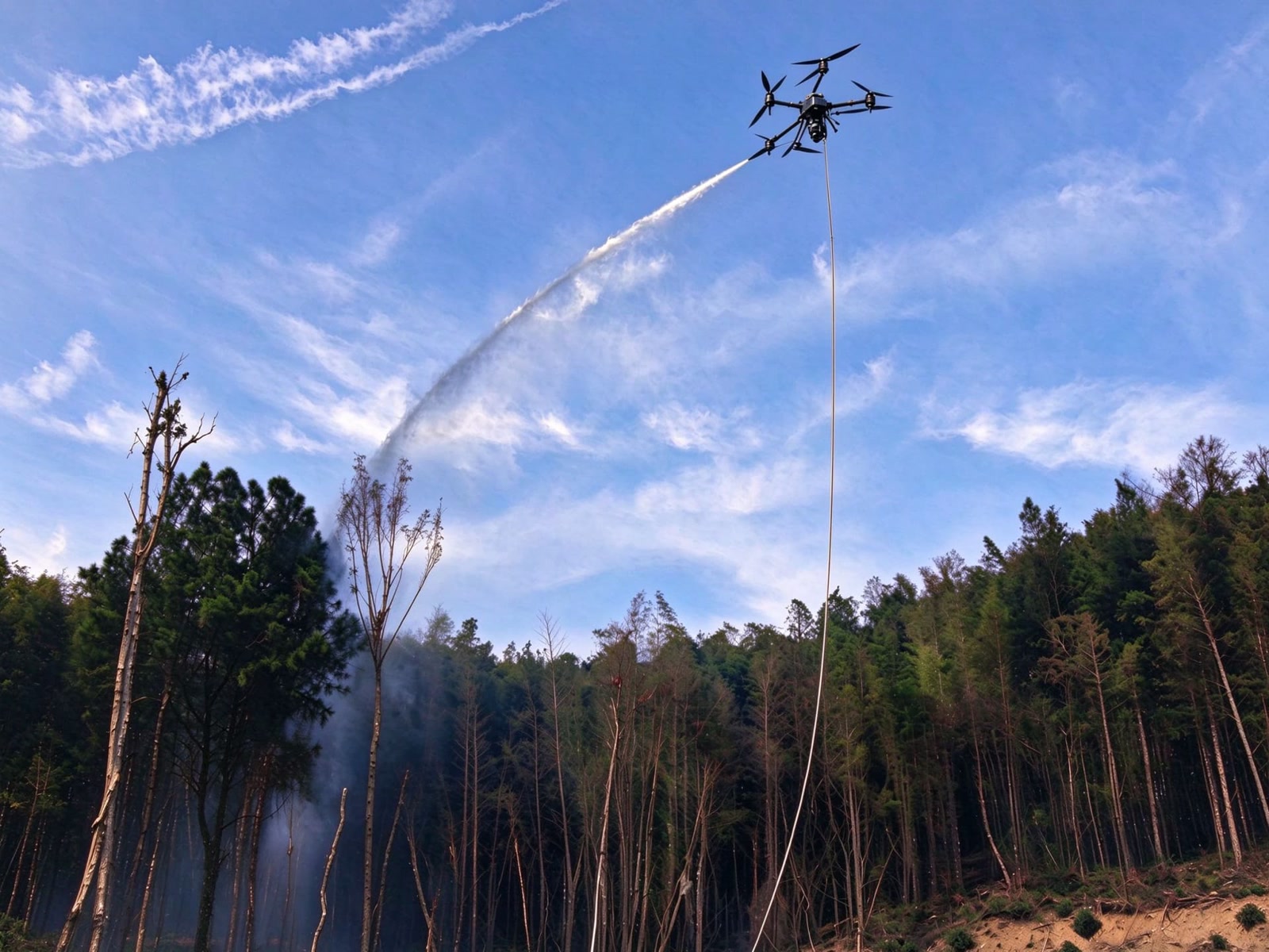 Drone high-pressure fire water gun attacking a high-rise building fire Drone high-pressure fire water gun attacking a high-rise building fire