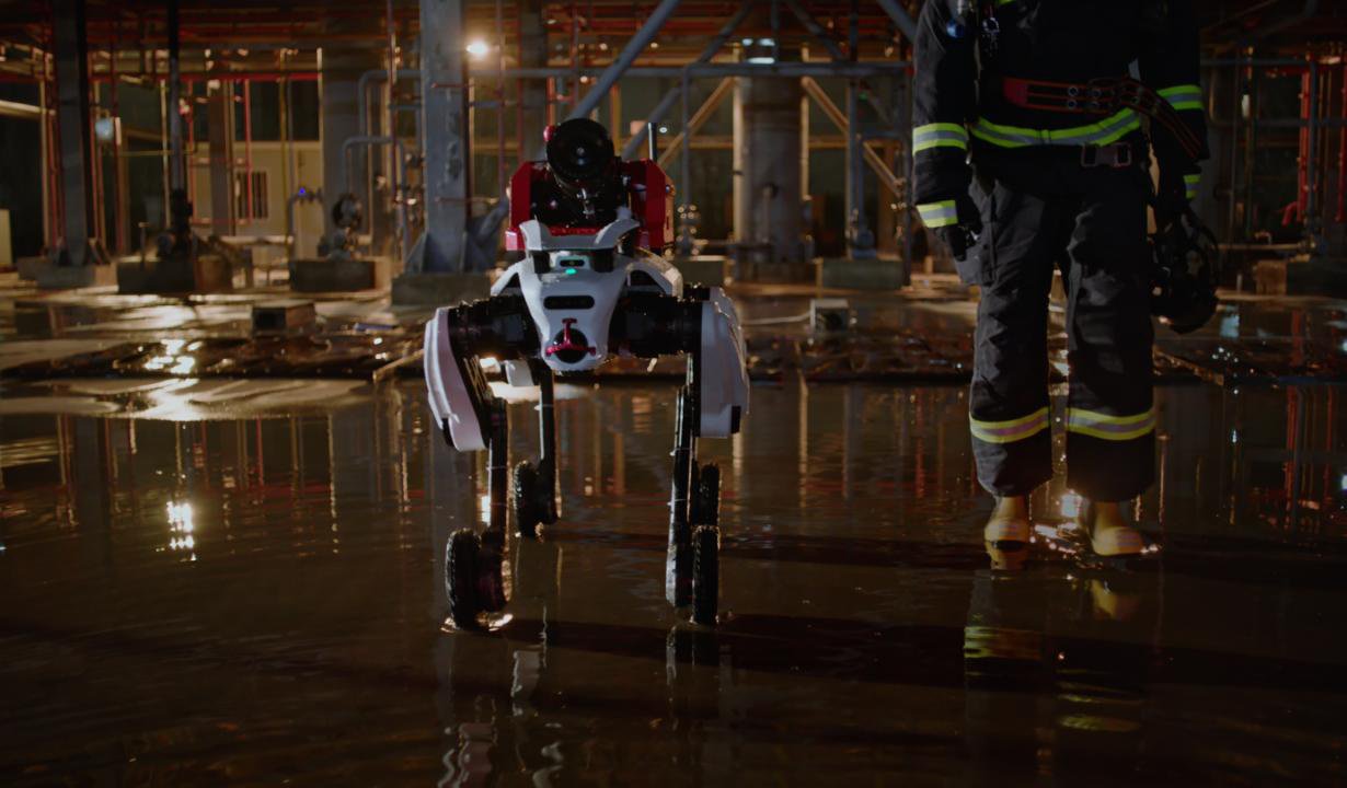 Ground robotics inspection: quadruped robot dog patrolling an industrial park