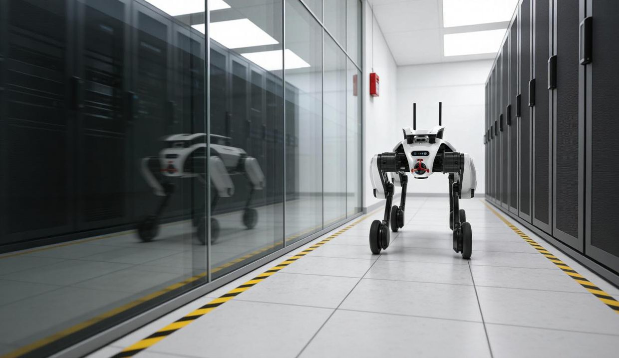 Ground robotics inspection: quadruped robot dog patrolling an industrial park