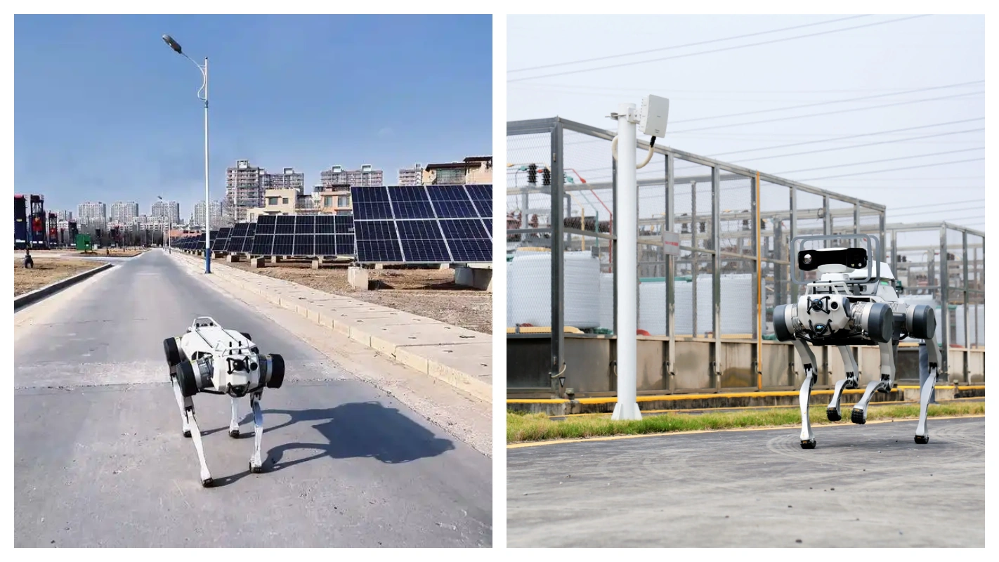 Ground robotics inspection: quadruped robot dog patrolling an industrial park